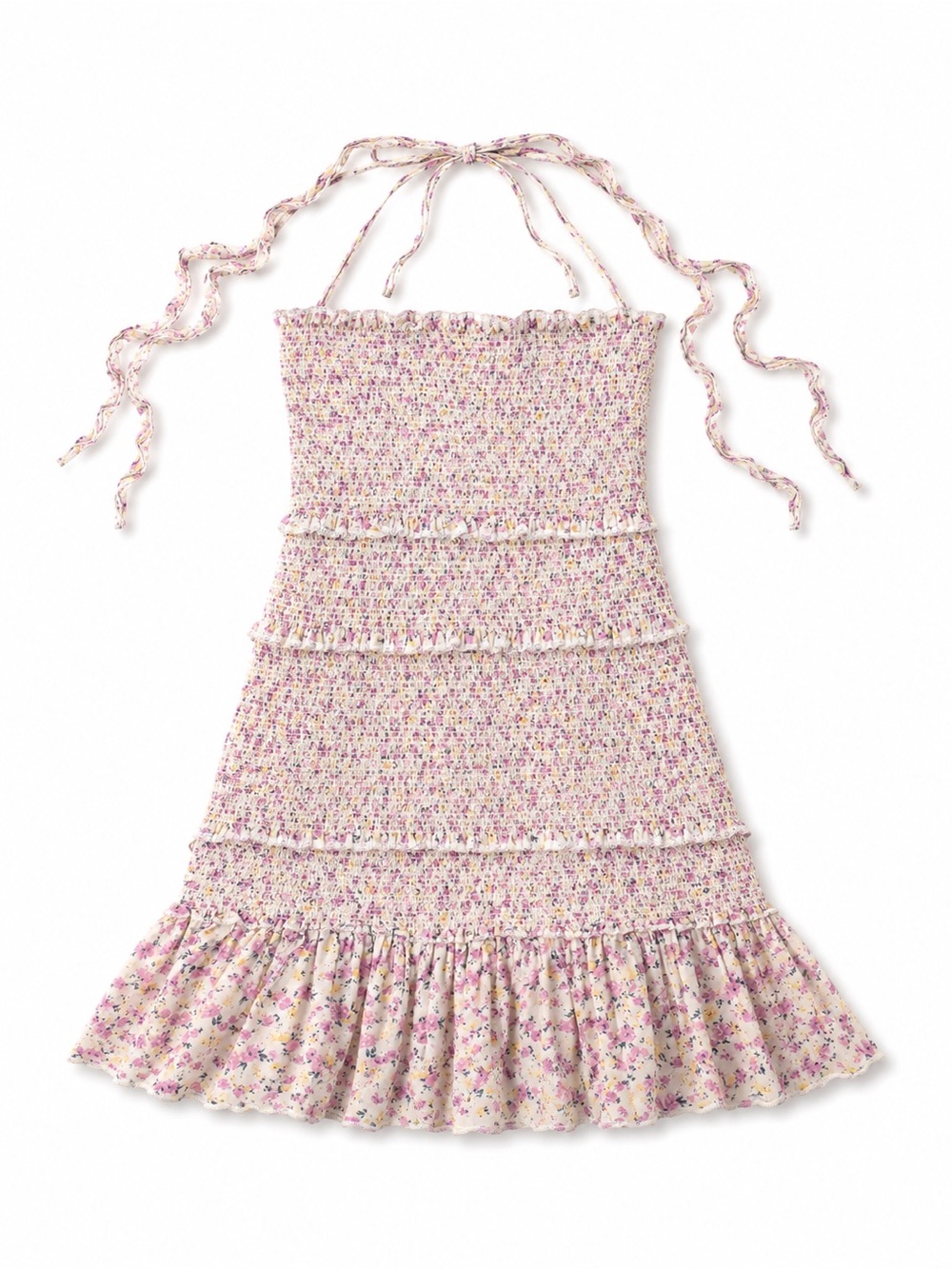MARBLE Floral Smocked Halter Dress in Lavender and Cream